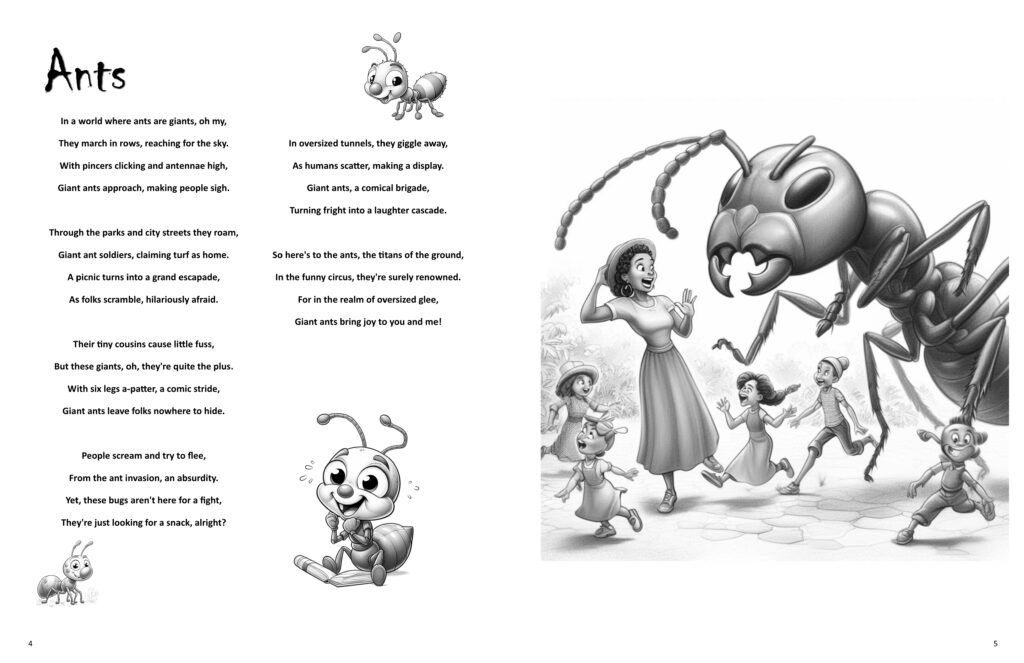 Sample page from A Frightfully Scary Colouring Book showing an Ant