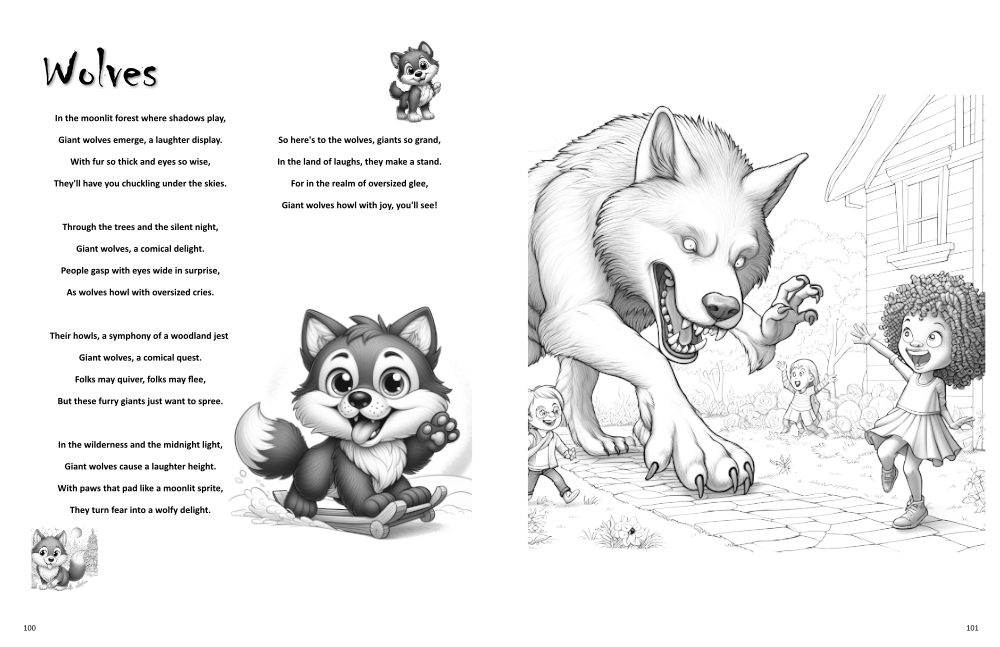 Sample page from A Frightfully Scary Colouring Book showing a wolf